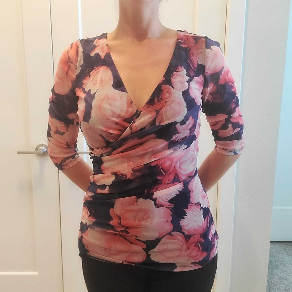 Floral blue and pink three quarter sleeve shirt